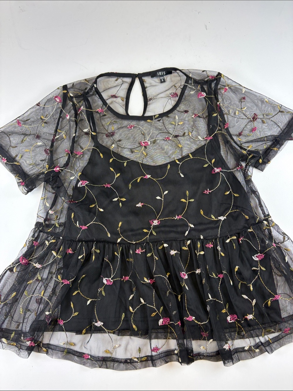 IRIS BLACK SHEER MESH FLORAL EMBROIDERED PEPLUM TOP BLOUSE SIZE SMALL